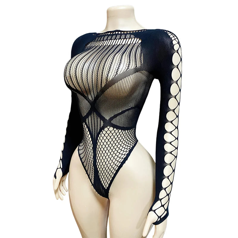 1PC Sexy Cover Up Women Bodysuit Long Sleeves Jumpsuit See Through Hollow Out  For Music festival Bodystocking BD033