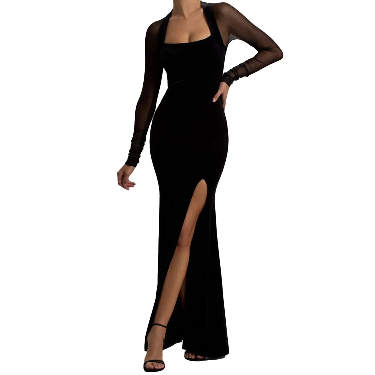 New Arrival Sexy Korean Velvet Patchwork Mesh Slit European-Style Long-Sleeve Dress