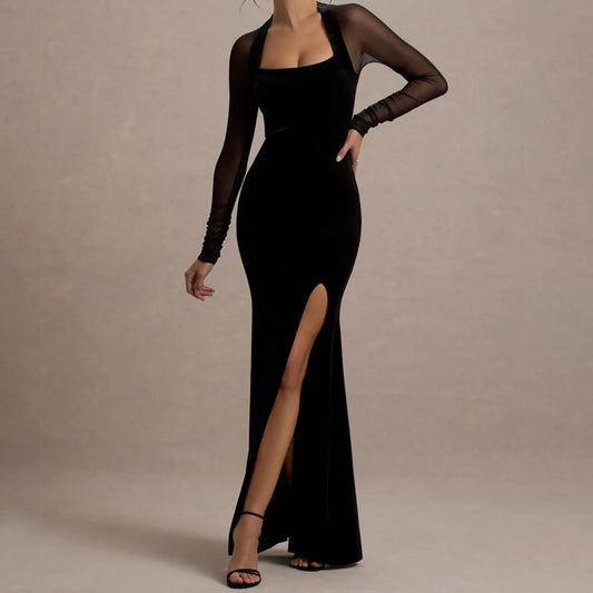 New Arrival Sexy Korean Velvet Patchwork Mesh Slit European-Style Long-Sleeve Dress