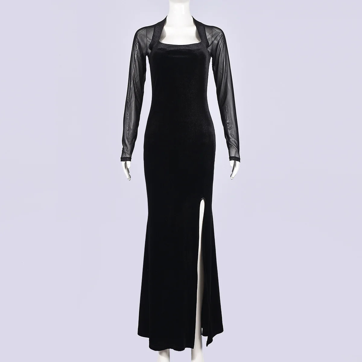 New Arrival Sexy Korean Velvet Patchwork Mesh Slit European-Style Long-Sleeve Dress