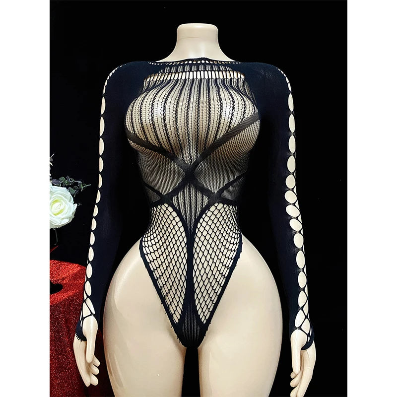 1PC Sexy Cover Up Women Bodysuit Long Sleeves Jumpsuit See Through Hollow Out  For Music festival Bodystocking BD033